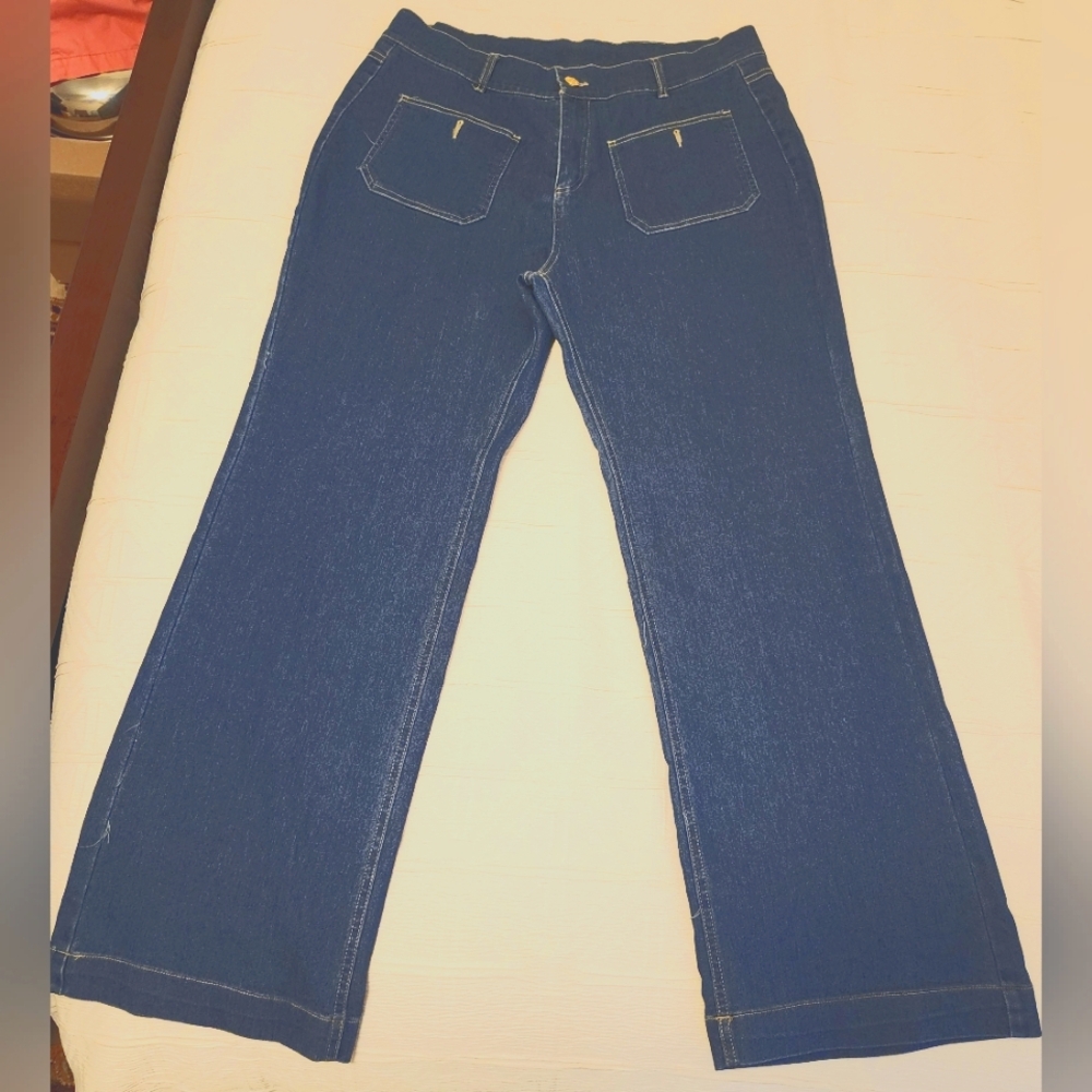 Blue Flare Wide Leg Jeans with Contrast Stitching